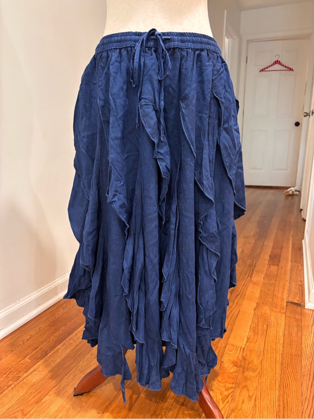Navy Blue Rayon Midi Skirt Layered Bohemian Festival Rayon